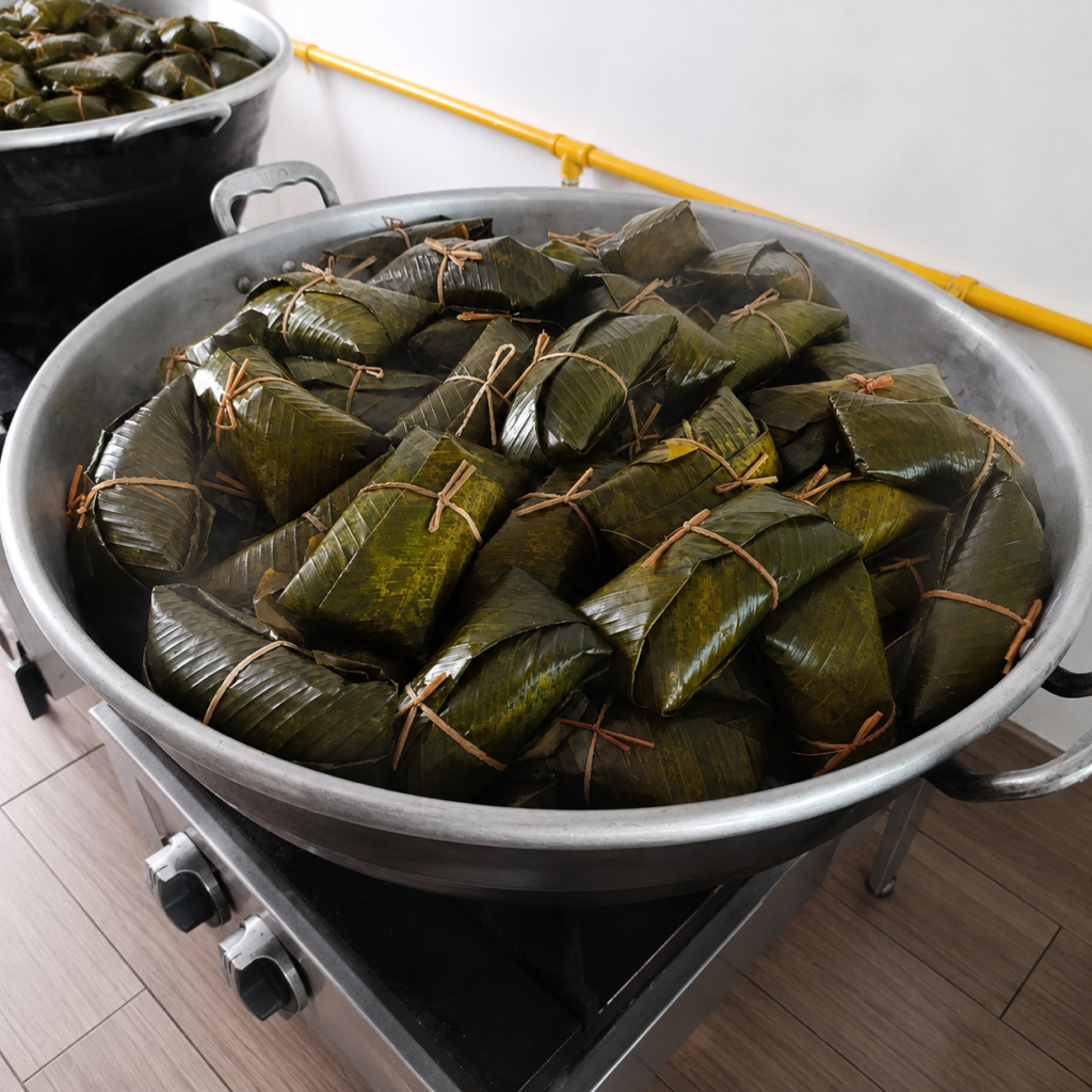 Tamales cocinados en olla dentro del proceso de producción